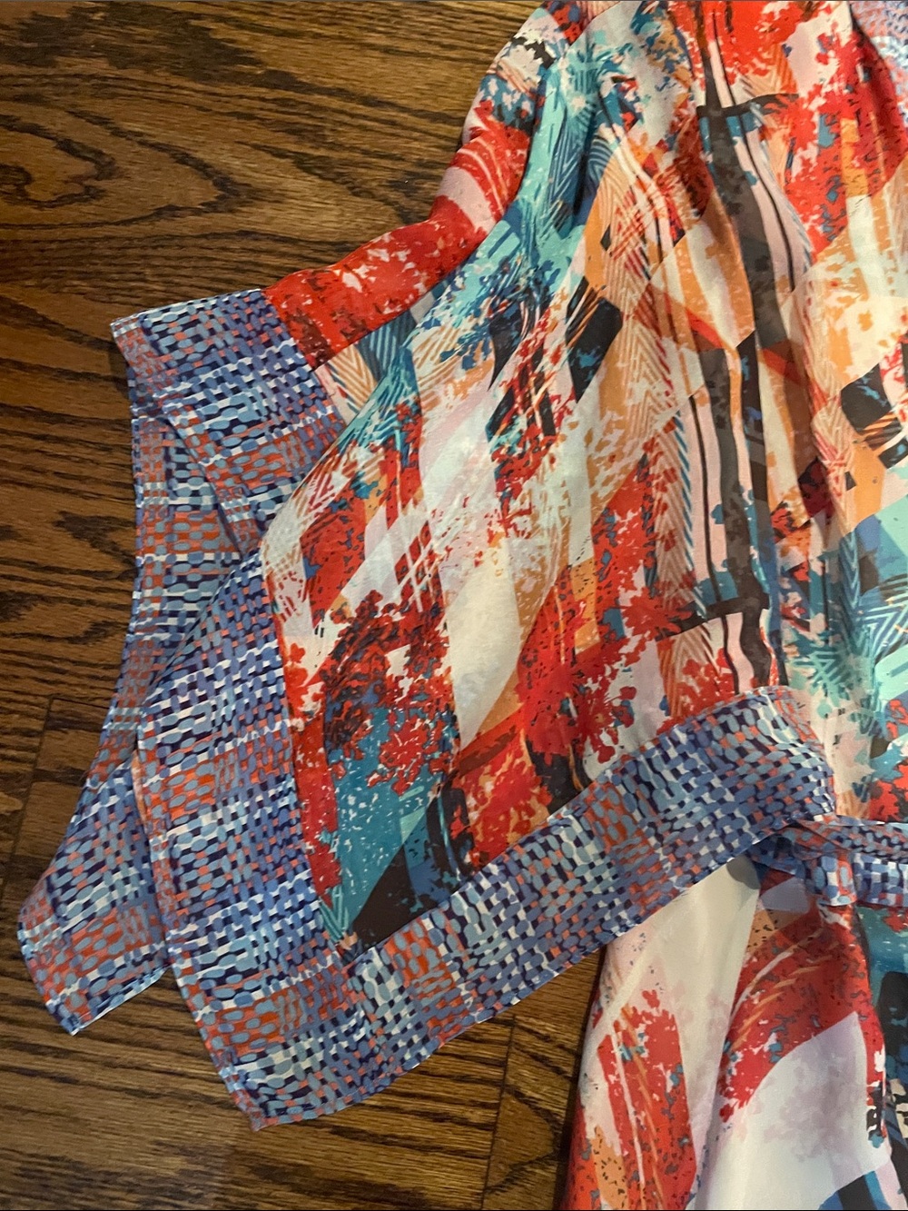 BCBGMaxAzria Red, Teal, Blue & Cream Midi Wrap Dress - 100% silk - Picture 7 of 10